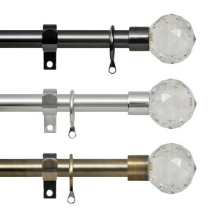 Extendable Curtain Pole, 16-19mm Crystal Cut Diamond Finials, Rings