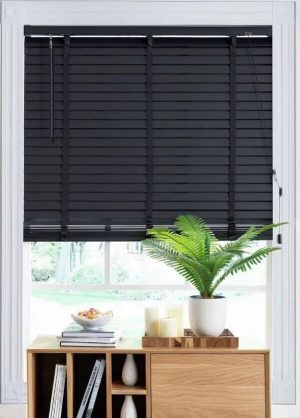 50mm Slats Wooden Embossed Charcoal Grey Fauxwood Venetion Blinds With Tape