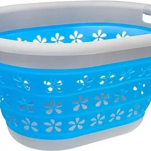 Collapsible Laundry Basket Blue & Grey Washing Clothes Bin