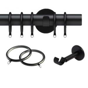 35mm Matt Black Semi-Complete Curtain Poles with IDC Brackets, Lined Rings