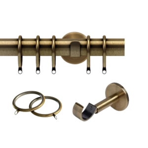 35mm Antique Brass Semi-Complete Curtain Poles with IDC Brackets, Lined Rings