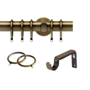 35mm Antique Brass Semi-Complete Curtain Poles with Adjustable Brackets, Lined Rings
