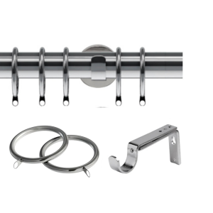 35mm Chrome Semi-Complete Curtain Poles with Adjustable Brackets, Lined Rings