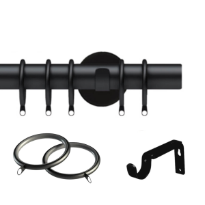 35mm Matt Black Semi-Complete Curtain Poles with Adjustable Brackets, Lined Rings