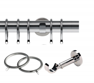 28mm Semi-Complete Chrome IDC Curtain Pole with Bracket & Lined Rings, No Finials