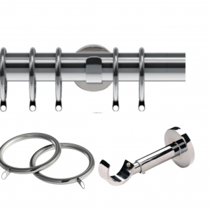 28mm Semi-Complete Chrome IDC Curtain Pole with Bracket & Lined Rings, No Finials