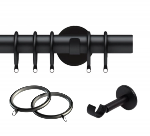 28mm Semi-Complete Black IDC Curtain Pole with Bracket & Lined Rings, No Finials