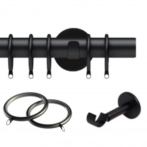 28mm Semi-Complete Black IDC Curtain Pole with Bracket & Lined Rings, No Finials