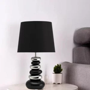 Silver & Black Ceramic Pebble Table Lamp with Black Silk Shade