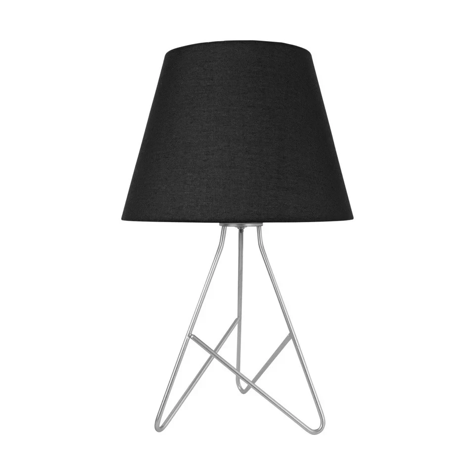 Table lamp with shade Silver Tripod Bedside Lamp with Black Cotton Drum Shade