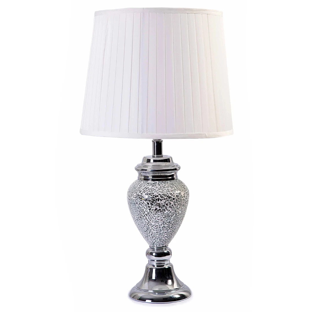 Table Lamp with Shade Mosaic Silver Crushed Crystals Base Table Lamp with White Pleated Fabric Shade