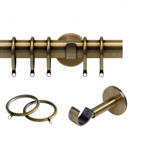28mm Semi-Complete Antique Brass IDC Curtain Pole with Bracket & Lined Rings, No Finials