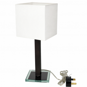 Solar Powered Dark Wood Clear Glass Table Lamp With Cream Shade