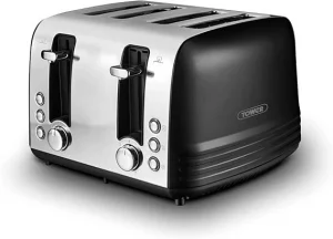 Tower Ash 4-Slice Toaster Black & Chrome – Dual Controls with Defrost, Reheat & Cancel