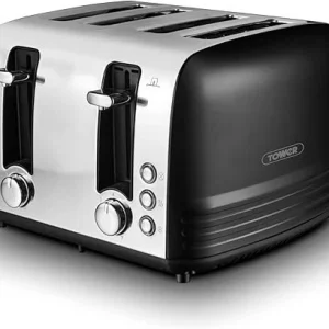 Tower Ash 4-Slice Toaster Black & Chrome – Dual Controls with Defrost, Reheat & Cancel