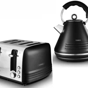 Tower Ash Black 1.7L Pyramid Kettle & 4-Slice Toaster Set