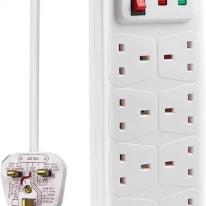 8-Way Surge Protected Extension Lead – 2m White Power Strip with Multiple Sockets