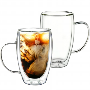 2x Double Wall Insulated Glass Tea Coffee Mugs with Handle 450ml
